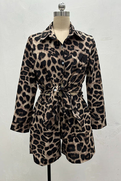 Casual Street Leopard Print Pocket Knotted Turndown Collar Long Sleeve Two Pieces