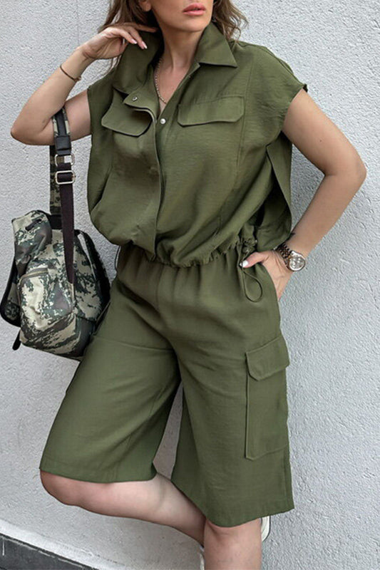 Casual Street Solid Color Draw String Pocket Buttons Turndown Collar Short Sleeve Two Pieces Army Green