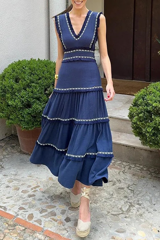 Elegant Solid Color Fringed Trim Patchwork V Neck Sleeveless Dresses Blue