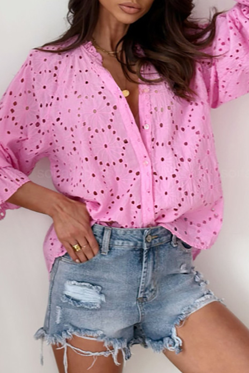 Casual Solid Color Hollow Out V Neck Blouses