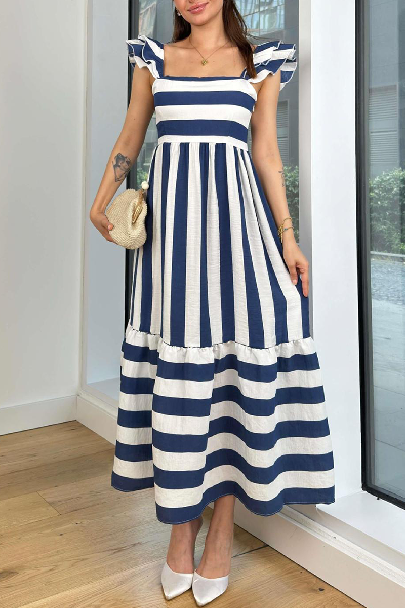 Elegant Striped Print Contrast Square Neck A Line Dresses White Blue