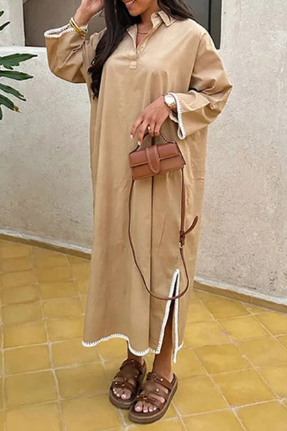 Solid Color Embroidered Patchwork Slit Turndown Collar Long Sleeve Dresses(4 Colors) Khaki