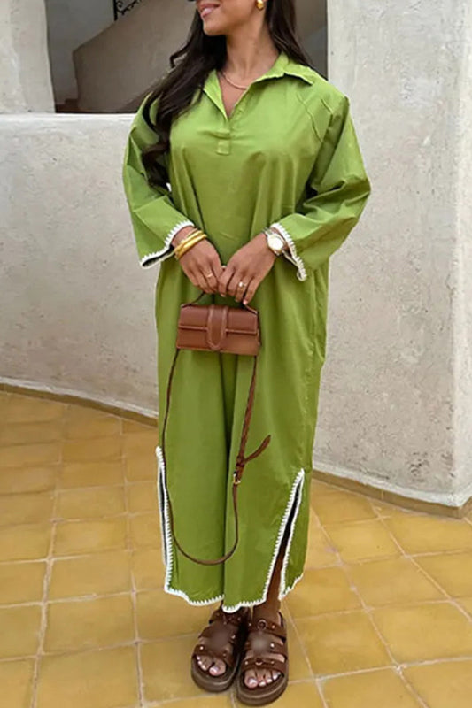 Solid Color Embroidered Patchwork Slit Turndown Collar Long Sleeve Dresses(4 Colors) Green