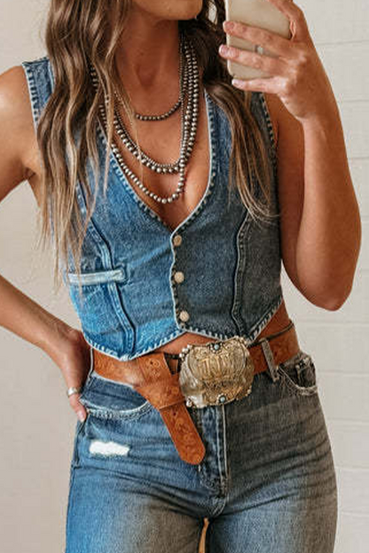 Sexy Hot Solid Color Distressed Buckle V Neck Sleeveless Regular Denim Jacket(3 Colors) Baby Blue