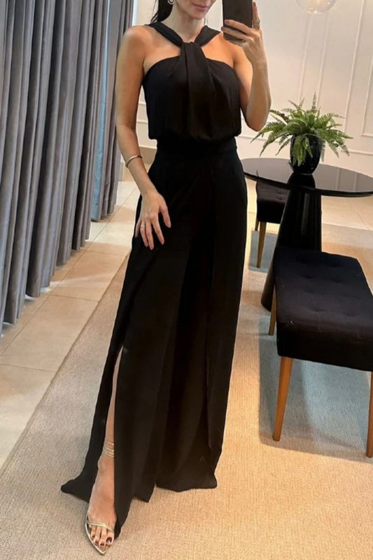 Casual Solid Color Patchwork Backless V Neck Regular Jumpsuits Black