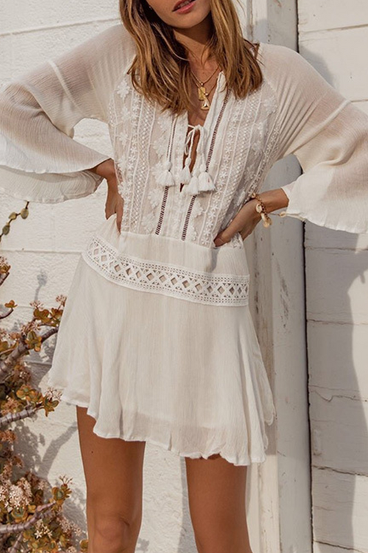 Sexy Vacation Lace Fringed Trim Swimwears Cover Up White One Size