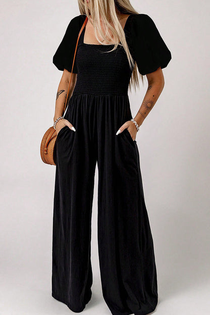 Casual Street Solid Color Pocket Ruched Square Neck Loose Jumpsuits(5 Colors) Black