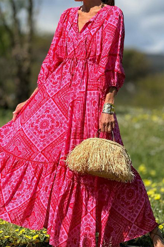 Elegant Geometric Print Lace Up V Neck A Line Dresses Red