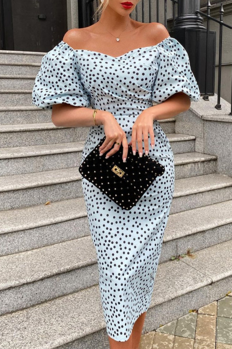 Casual Polka Dot Print Basic Off Shoulder Short Sleeve Dresses Blue