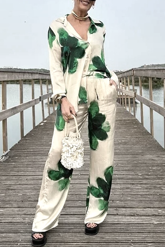 Casual Flowers Print Pocket Turndown Collar Long Sleeve Two Pieces Green