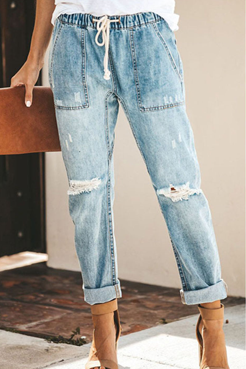 Casual Street Solid Color Ripped Draw String Pocket Denim Jeans(4 Colors) Light Color