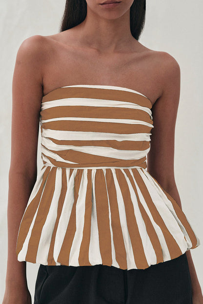 Sexy Striped Print Contrast Strapless Tops Khaki