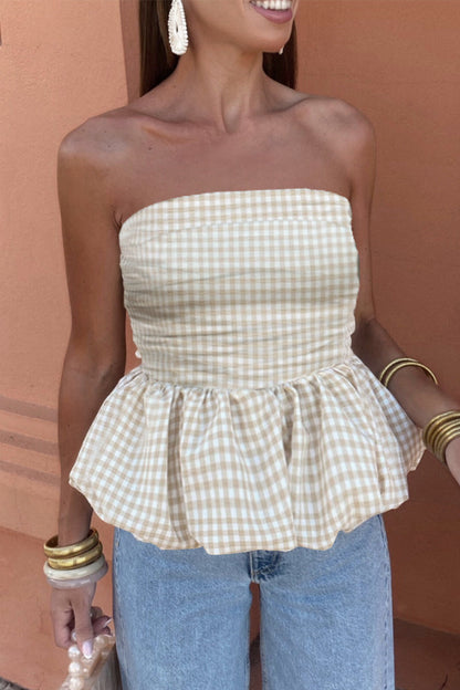 Sexy Plaid Ruched Contrast Strapless Tops(3 Colors) Beige