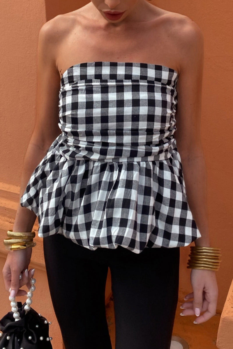 Sexy Plaid Ruched Contrast Strapless Tops(3 Colors) Black