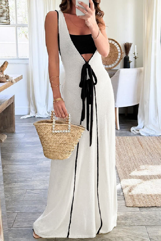 Casual Patchwork Belted V Neck Long Dresses White