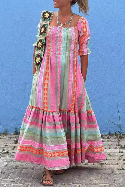 Casual Boho Geometric Print Contrast Square Neck A Line Dresses Pink