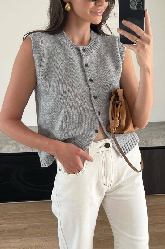 Casual Street Solid Color Buckle O Neck Tops(4 Colors) Grey