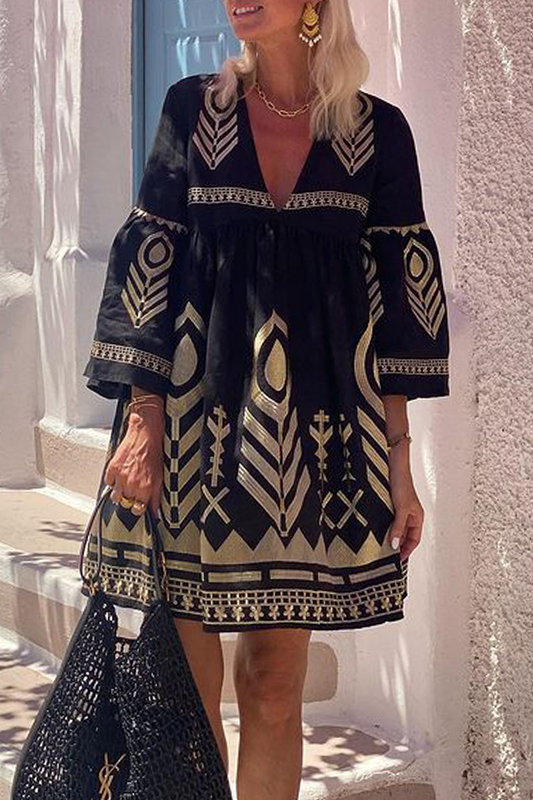 Casual Geometric Print V Neck A Line Dresses Black