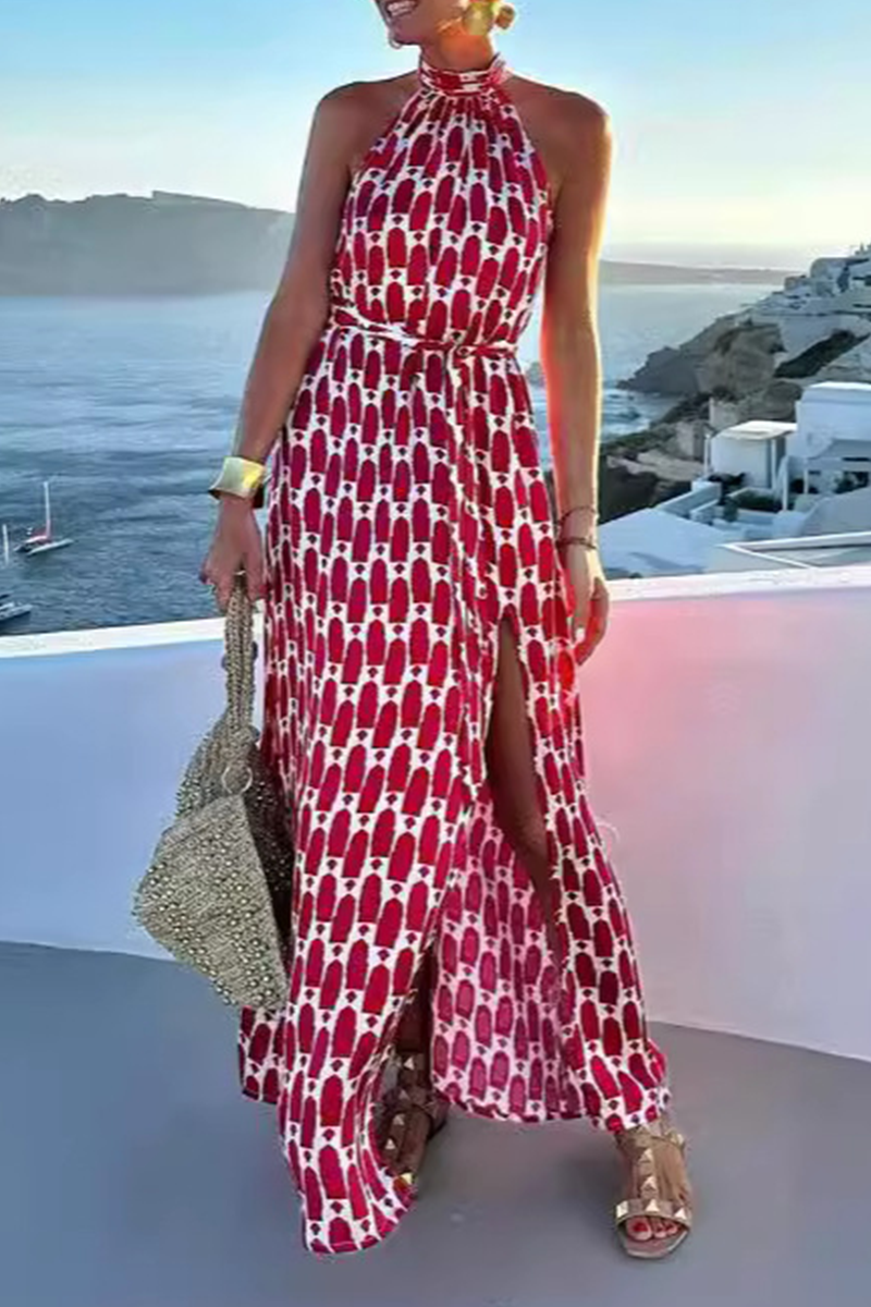 Elegant Geometric Print Lace Up Slit Halter Sleeveless Dresses Red