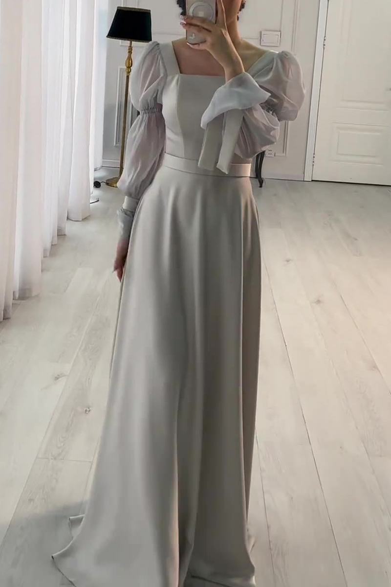 Celebrities Elegant Solid Color Lace Up Square Neck Evening Dresses Light Gray