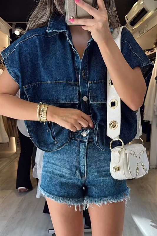 Casual Street Solid Color Buckle Patchwork Irregular Turndown Collar Sleeveless Denim Jacket Deep Blue