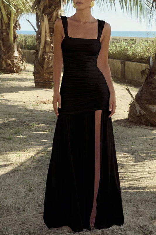 Sexy Casual Solid Color Backless Slit Ruched Spaghetti Strap Long Dresses Black