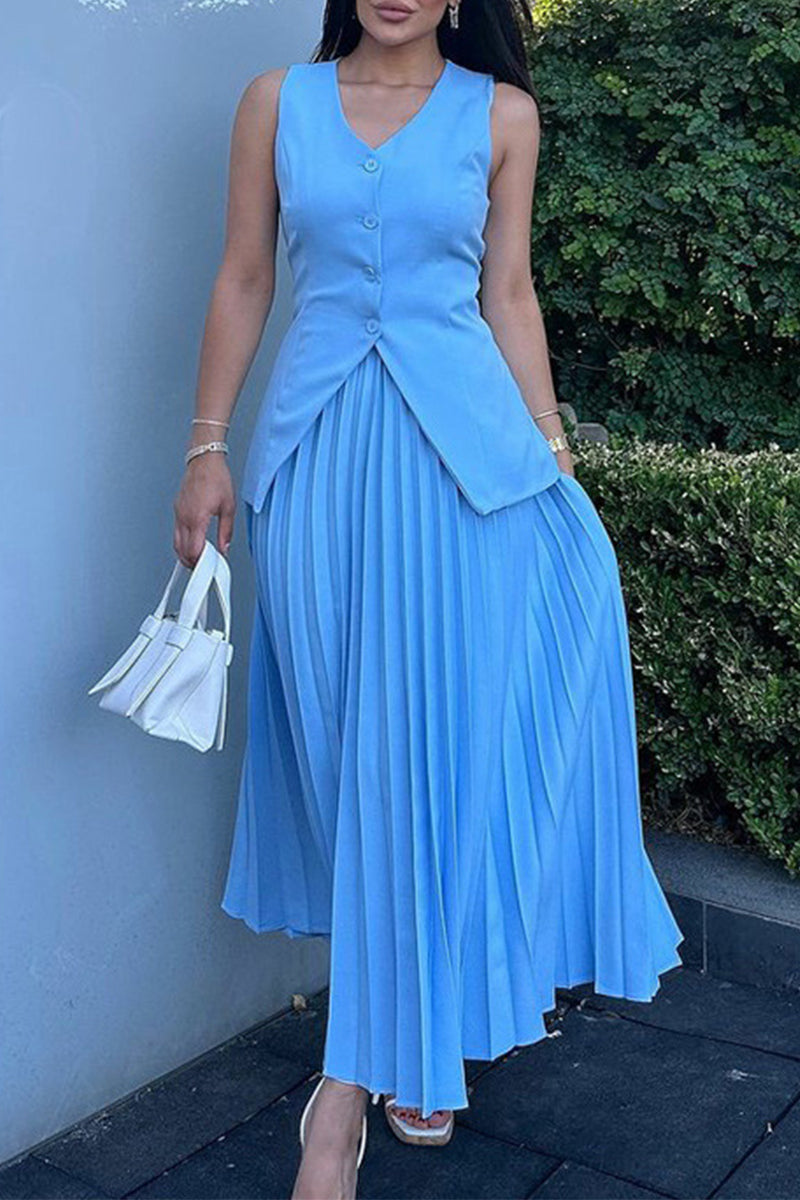 Daily Elegant Solid Color Buttons Pleated V Neck Sleeveless Two Pieces(3 Colors) Blue