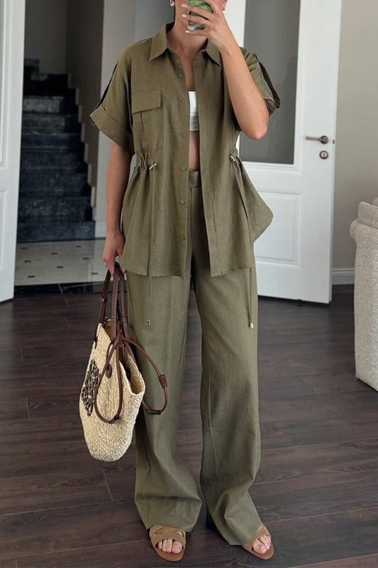 Casual Daily Solid Color Draw String Pocket Turndown Collar Short Sleeve Two Pieces(3 Colors) Army Green