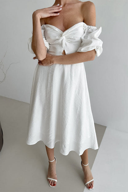 Elegant Solid Color Ruched Off Shoulder A Line Dresses White