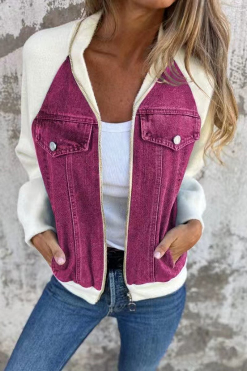 Casual Solid Color Patchwork Zipper Contrast Turndown Collar Outerwear(8 Colors) Light Purple