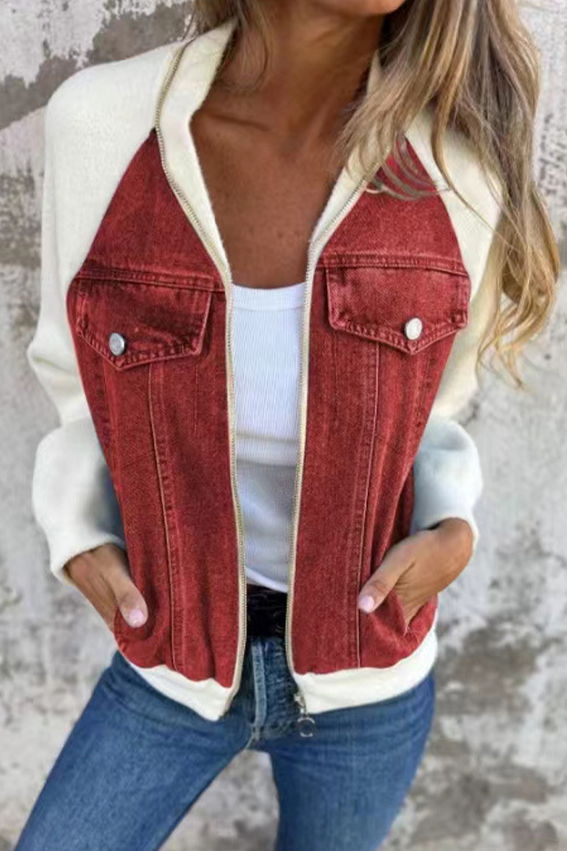 Casual Solid Color Patchwork Zipper Contrast Turndown Collar Outerwear(8 Colors) Red