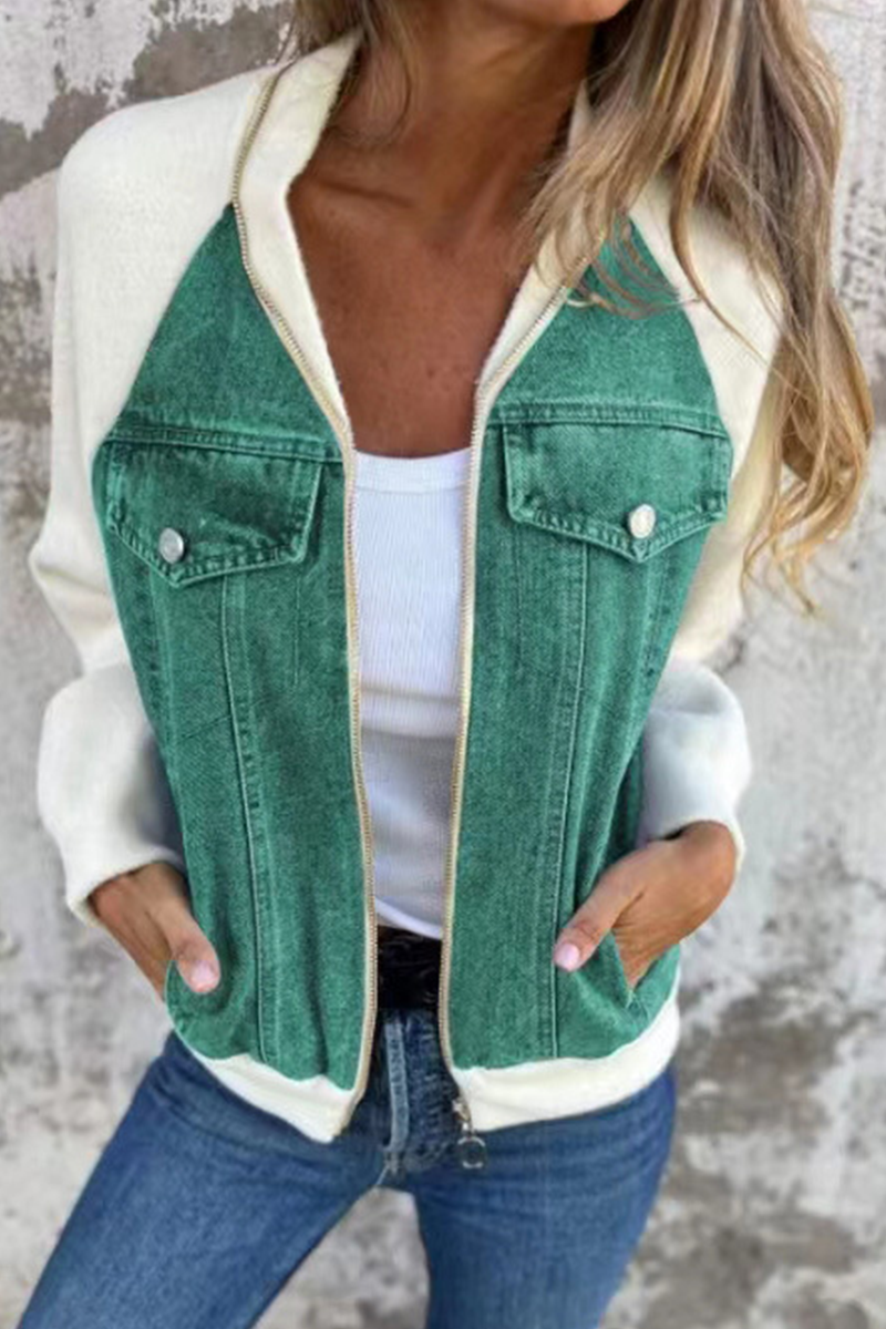 Casual Solid Color Patchwork Zipper Contrast Turndown Collar Outerwear(8 Colors) Green