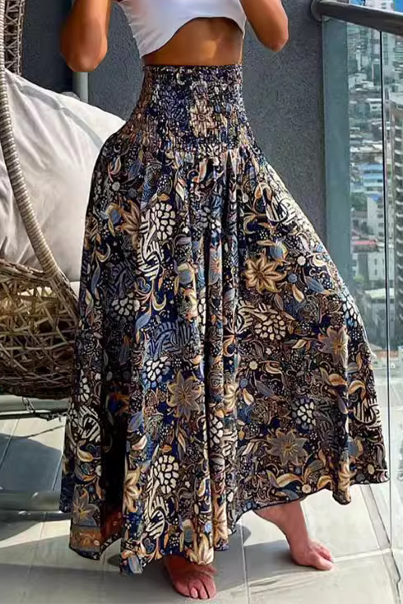 Elegant Floral Print Loose High Waist Type A Full Print Bottoms Deep Blue