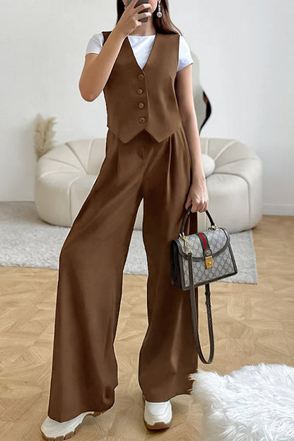 Casual Daily Solid Color Buckle Ruched V Neck Sleeveless Two Pieces Brown