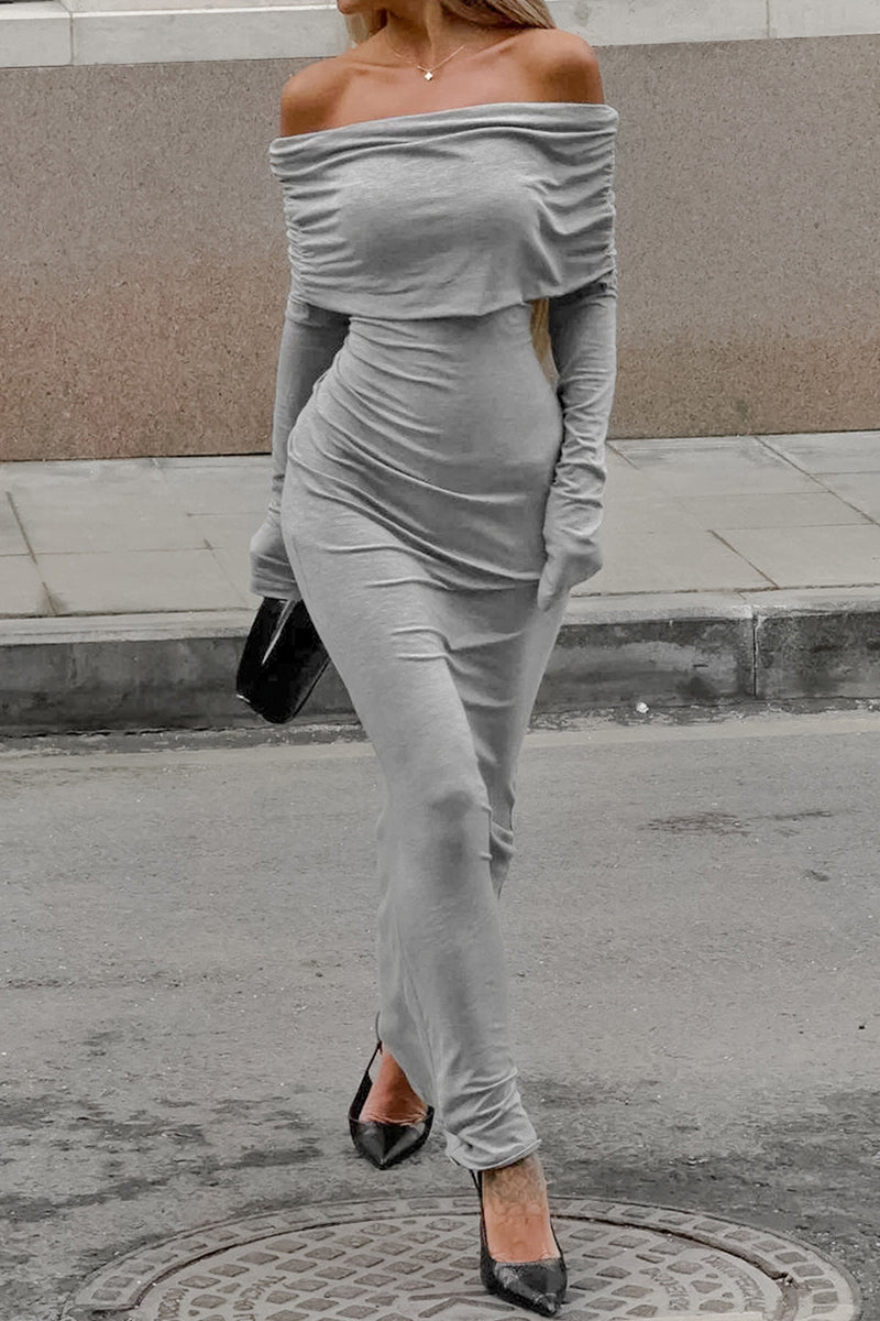 Sexy Street Solid Color Ruched Off Shoulder One Step Skirt Dresses Grey