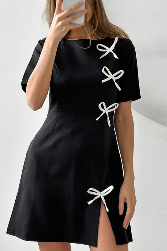 Daily Solid Color Slit Bow Decor O Neck Short Sleeve Short Sleeve Dress Black