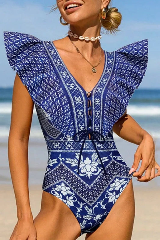 Sexy Print Patchwork Backless Belted Swimwears (With Paddings) Blue