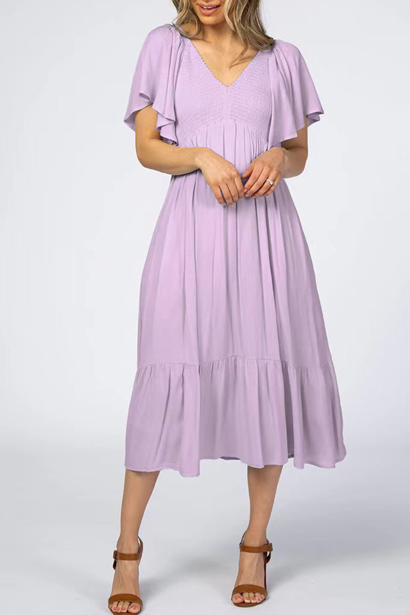 Elegant Solid Color Ruffle V Neck A Line Short Sleeve Dress(4 Colors) Purple