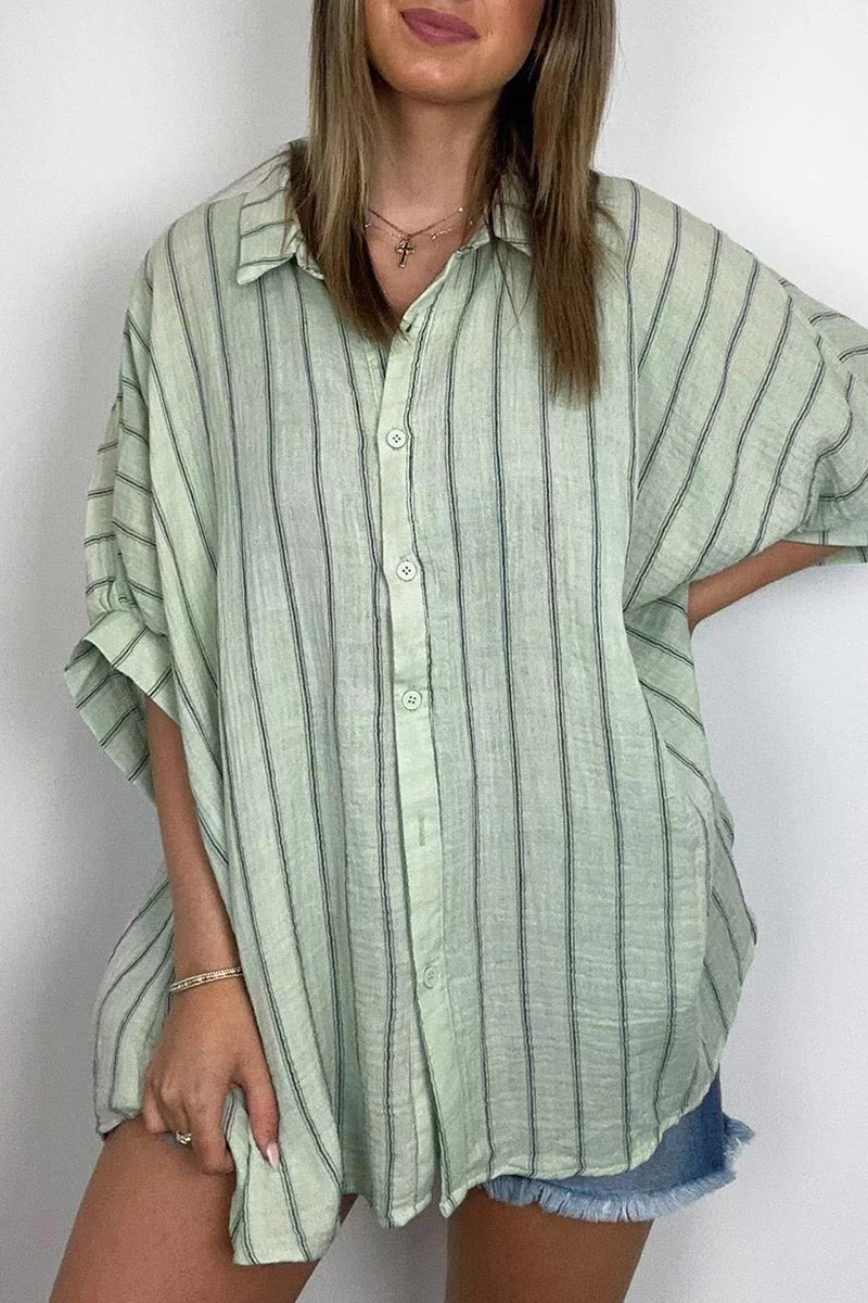 Casual Daily Stripe Buttons Turndown Collar Blouses(8 Colors) Green