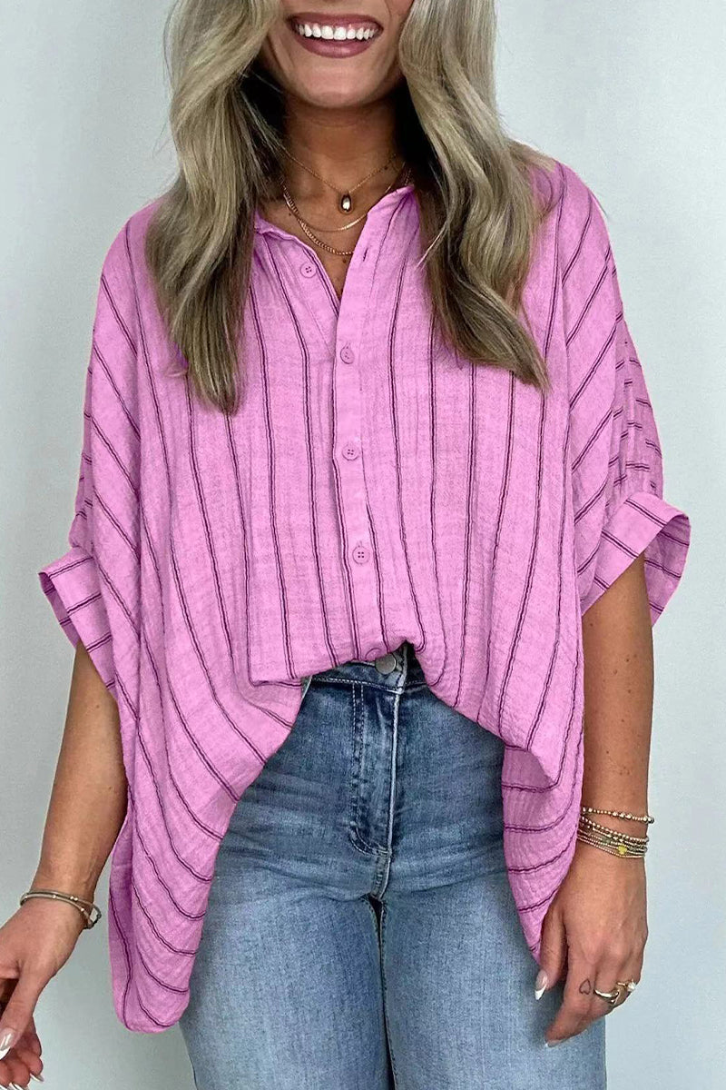 Casual Daily Stripe Buttons Turndown Collar Blouses(8 Colors) Purple