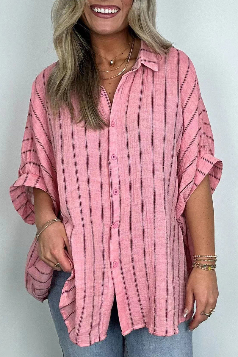 Casual Daily Stripe Buttons Turndown Collar Blouses(8 Colors) Pink