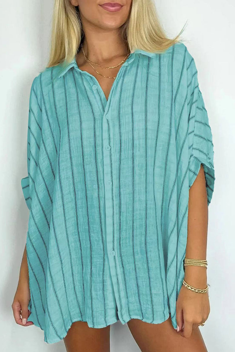 Casual Daily Stripe Buttons Turndown Collar Blouses(8 Colors) Lake Green