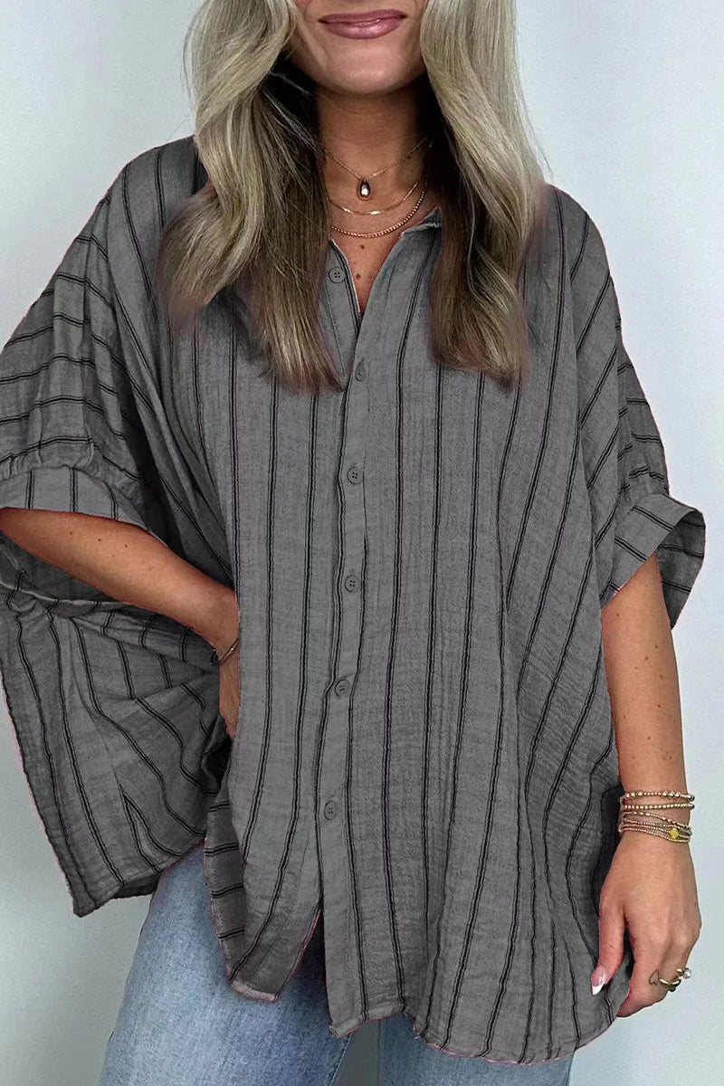 Casual Daily Stripe Buttons Turndown Collar Blouses(8 Colors) Dark Gray