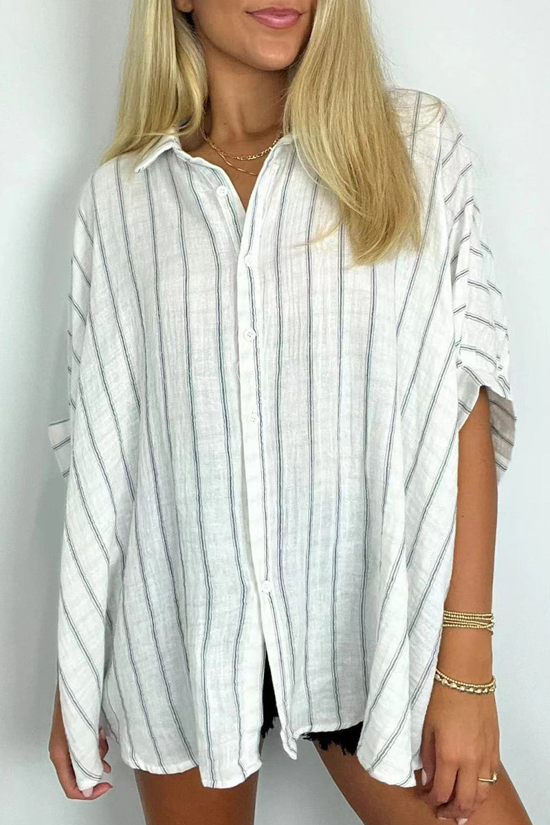 Casual Daily Stripe Buttons Turndown Collar Blouses(8 Colors) White