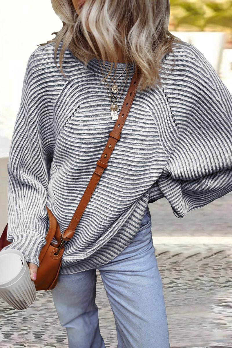 Casual Daily Stripe Texture Contrast O Neck Sweaters(6 Colors) Gray White