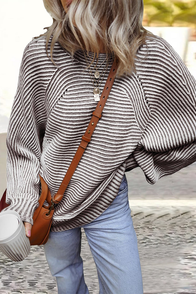 Casual Daily Stripe Texture Contrast O Neck Sweaters(6 Colors) White Coffee