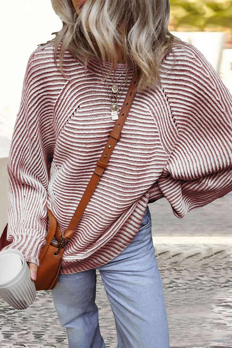 Casual Daily Stripe Texture Contrast O Neck Sweaters(6 Colors) White Brown