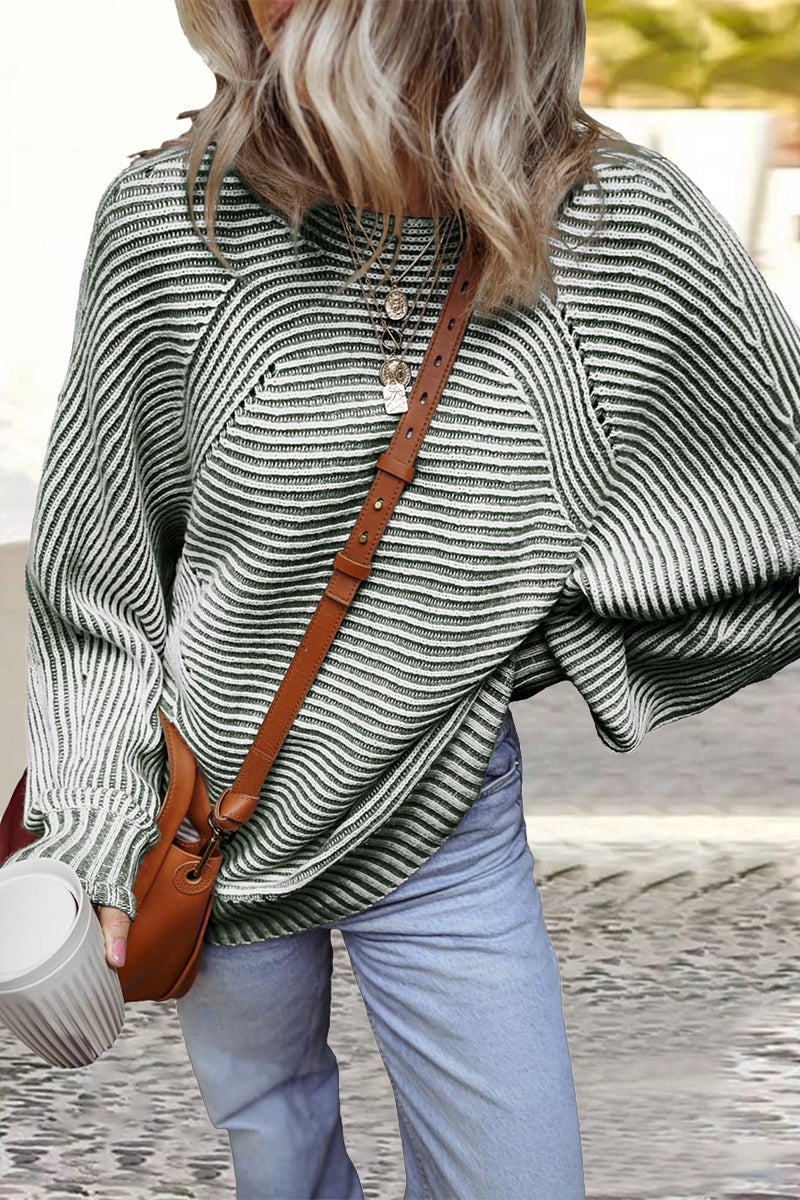 Casual Daily Stripe Texture Contrast O Neck Sweaters(6 Colors) Green White