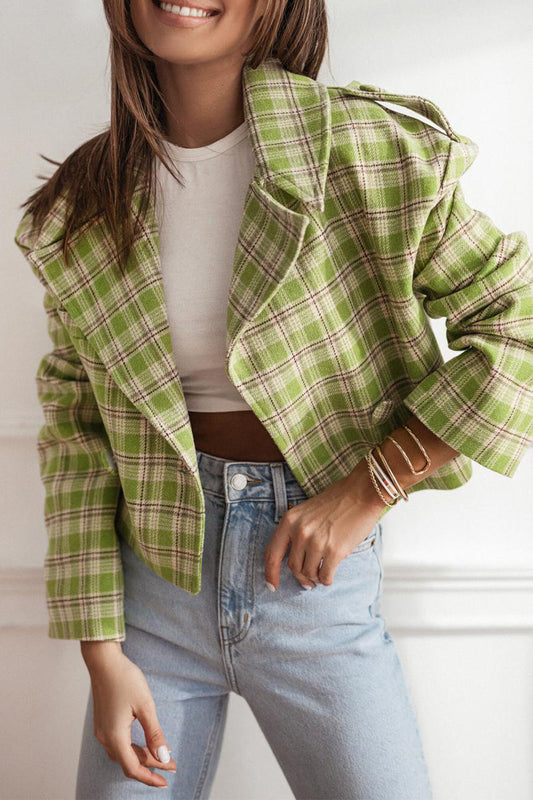 Casual Plaid Buttons Contrast Turn-back Collar Outerwear(3 Colors) Green