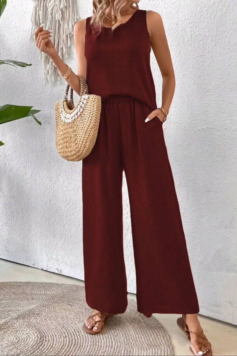 Casual Daily Solid Color Lace Hollow Out O Neck Sleeveless Two Pieces(6 Colors) Burgundy